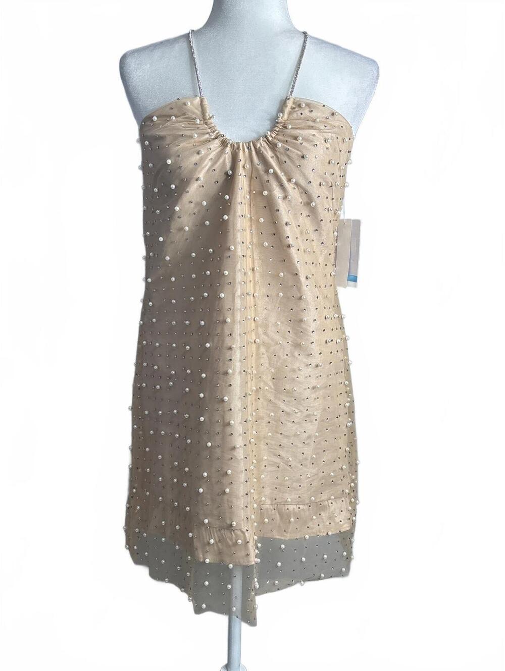 Violet Weekend Embellished Beige Mini Dress with Pearl and Rhinestone Details